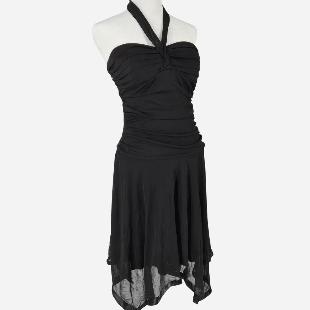 Vintage 90's Y2K Black Whimsigoth Pointy Hem Halter Fairycore sheer lined Dress